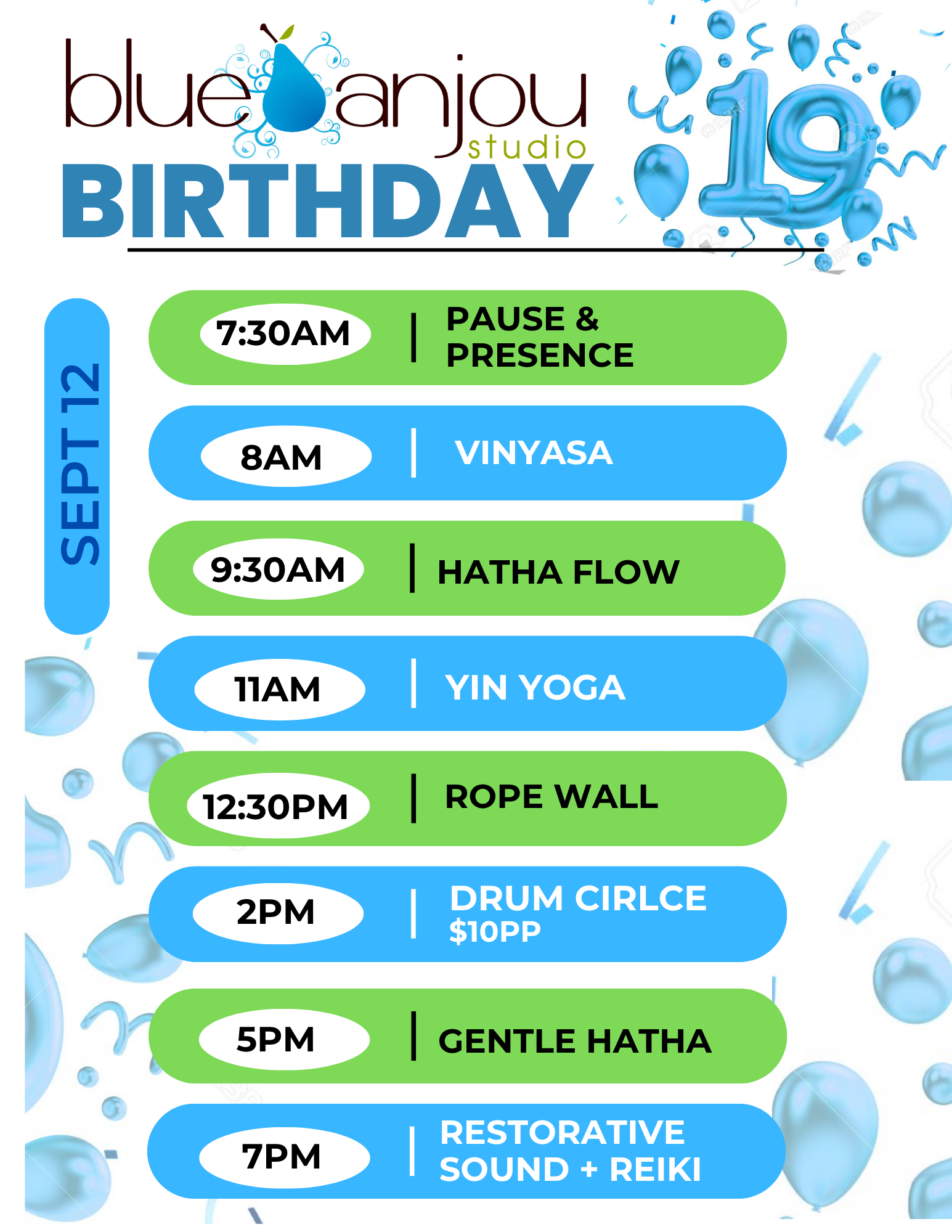 September 12 free class schedule flyer