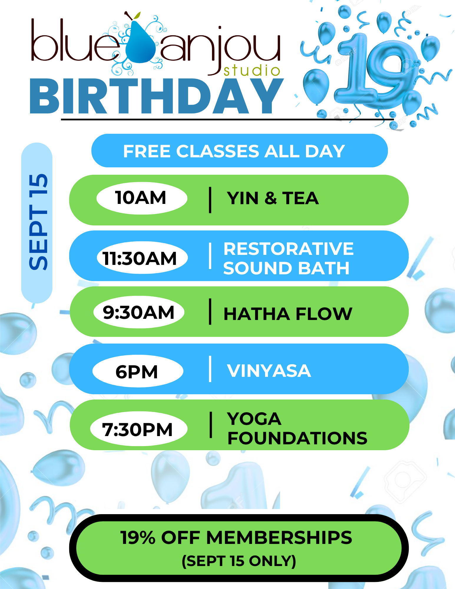 September 15 free class schedule and membership offer flyer
