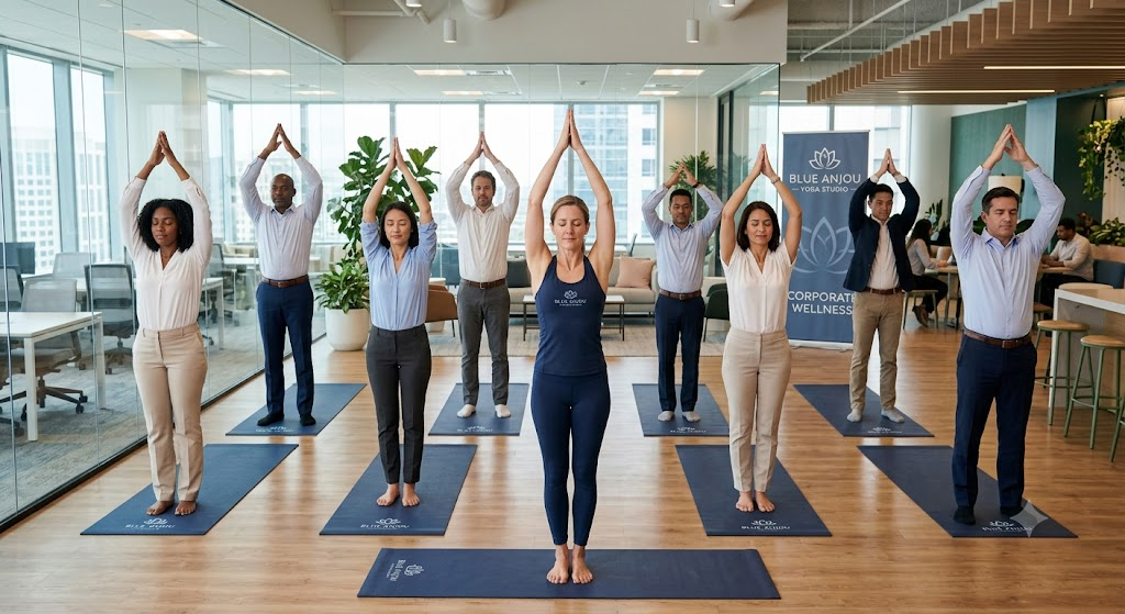 Group of professionals practicing yoga together in a Blue Anjou corporate wellness session