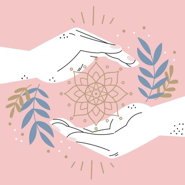 Illustration of two hands cradling a mandala — symbol of Reiki energy healing