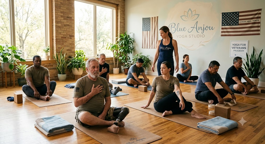 Veterans practicing yoga together in the Blue Anjou Yoga for Veterans program