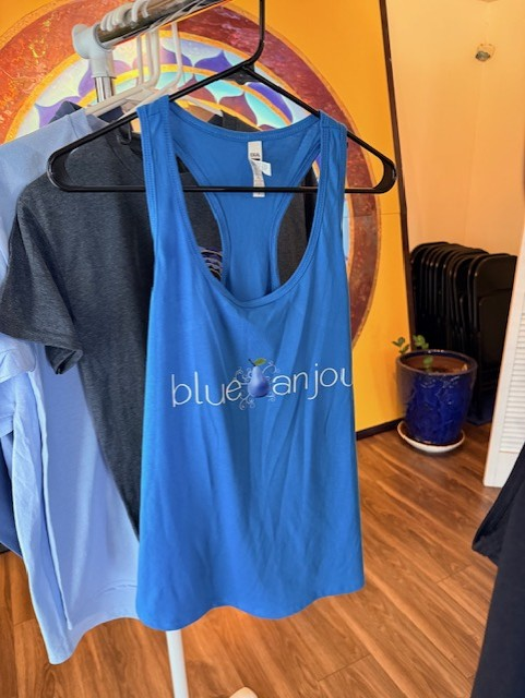 Blue Blue Anjou tank top on display in the studio
