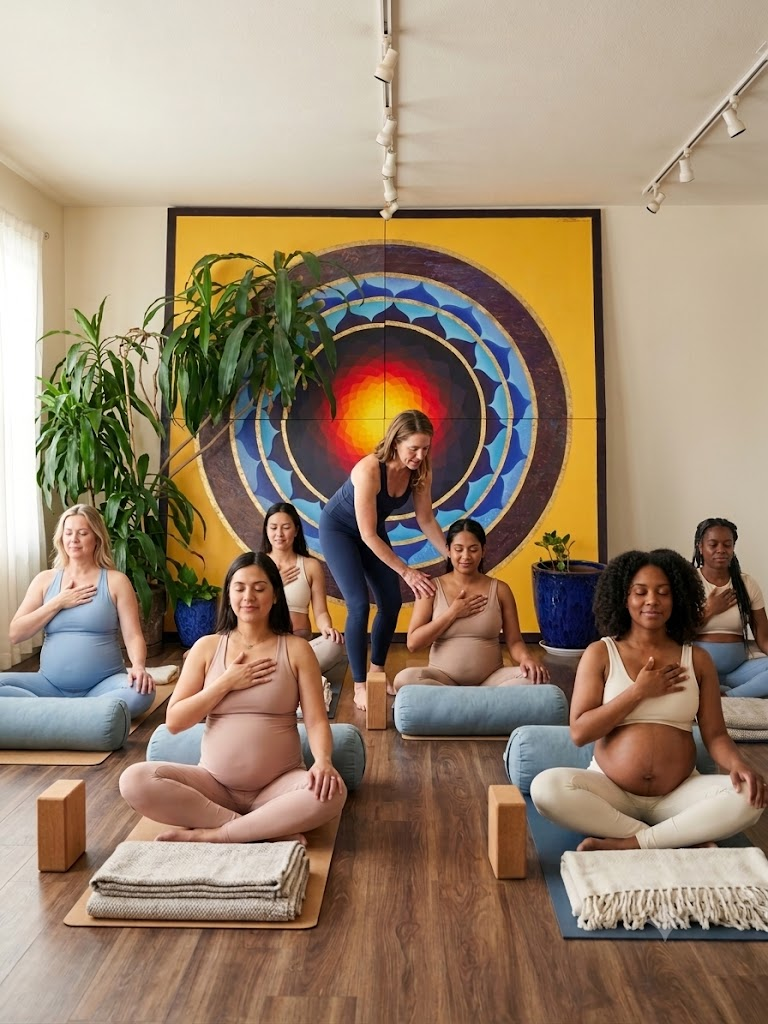 Prenatal yoga class with expecting mothers seated on cushions in front of a mandala