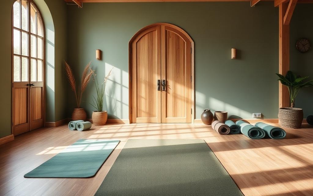 Sunlit yoga studio entryway with rolled mats and warm wood floors